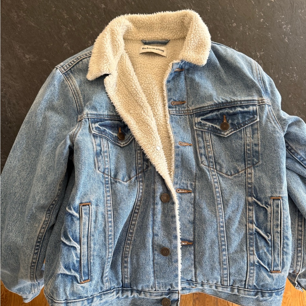 Reformation Blue Denim Jacket with Cream Lining